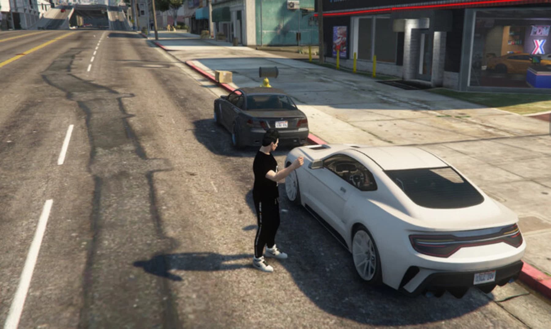 FiveM žaidėjas prie automobilio Los Santos mieste